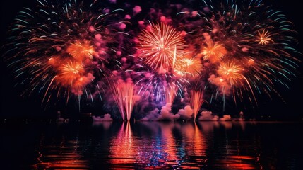 Canvas Print - Fireworks Display Over Water at Night