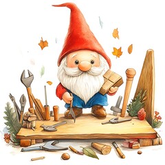 Sticker - Watercolor Illustration of a Gnome Carpenter with Tools and Wood.