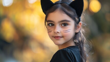 Wall Mural - A young girl dressed as a cat with playful makeup, set against a blurred natural background.