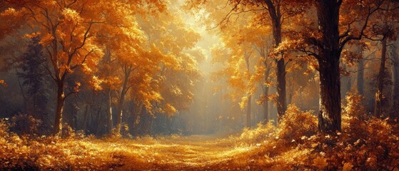 Wall Mural - Golden Autumn Forest Path with Sunlight Streaming Through the Trees