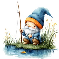 Canvas Print - Watercolor Illustration of a Gnome Fishing by a Pond.