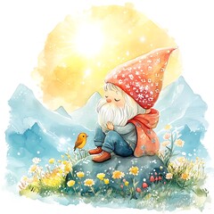 Canvas Print - Watercolor Illustration of a Gnome Sitting on a Rock with a Bird, Flowers, and a Sunny Sky.