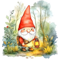 Poster - Watercolor Illustration of a Gnome with a Lantern in the Forest.