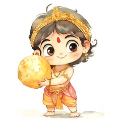 Wall Mural - Cute Cartoon Illustration of Hindu Deity Ganesha Holding a Laddu.