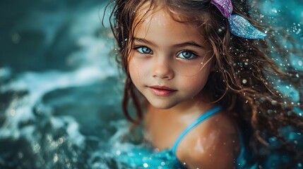 Canvas Print - A young girl with curly hair and a bow plays in the water, capturing a joyful moment.