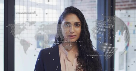 Wall Mural - Animation of financial data processing over biracial businesswoman in office