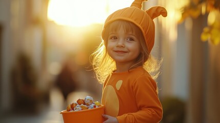 Wall Mural - A cheerful child in a pumpkin costume holds a bowl of popcorn during a sunset.