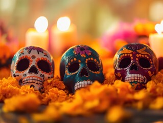 Colorful sugar skulls surrounded by marigolds and candles, celebrating D?a de los Muertos.