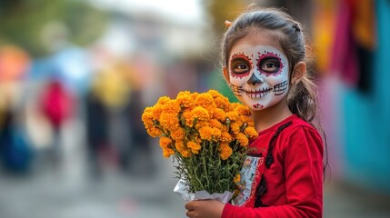 A young girl with face paint holding a bouquet of marigolds, celebrating a cultural event.