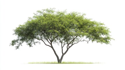 A lush green tree with a broad canopy, set against a white background.