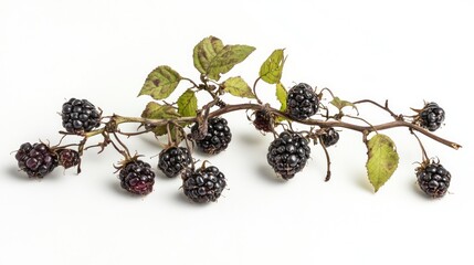 A branch with ripe blackberries and green leaves on a white background.