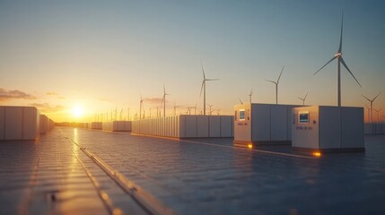 Wall Mural - AI-Powered Renewable Energy Storage Systems: Massive battery systems managed by AI to store and distribute energy from solar or wind farms.