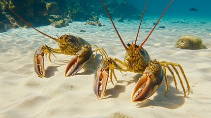 Two lobsters in the ocean floor on sandy seabed looking at the camera with their claws open.