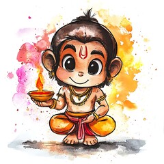 Canvas Print - Adorable Watercolor Illustration of Hanuman Holding a Diya, Hindu Deity.