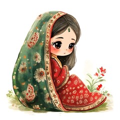 Sticker - Watercolor Illustration of a Young Girl in a Sari.