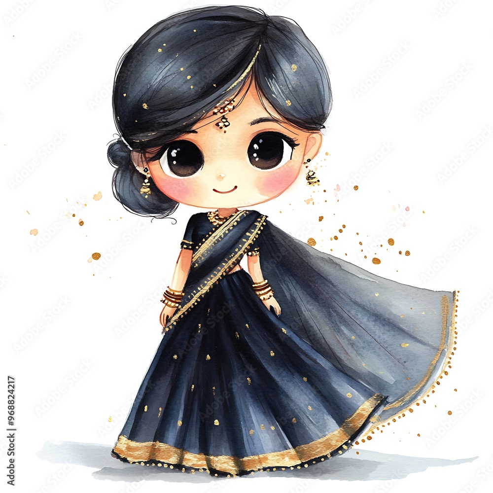 Cute Cartoon Illustration of an Indian Girl Wearing a Traditional Sari ...