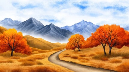 Wall Mural - A painting of a mountain road with trees and grass, AI