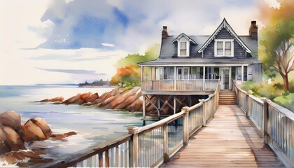 Wall Mural - A beautiful painting depicting a charming house situated on a dock adjacent to the serene ocean, offering a picturesque view