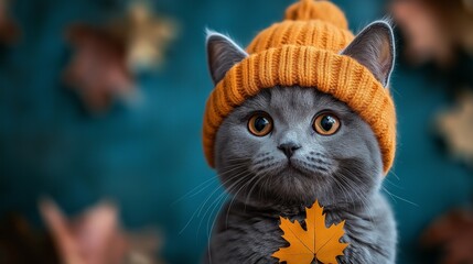 Adorable grey British Shorthair cat wears a warm orange beanie with a yellow maple leaf on a vibrant blue autumn background