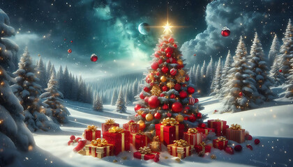 Wall Mural - A beautifully decorated christmas tree adorned with red and gold ornaments and topped with a bright star stands in a snowy landscape