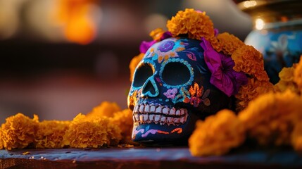 a vibrant decorated skull surrounded by marigold flowers, symbolizing d?a de los muertos.