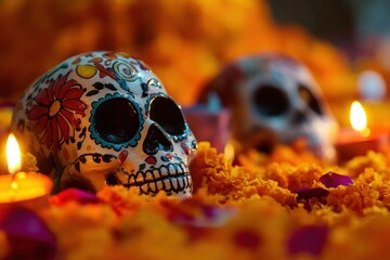 Colorful sugar skulls surrounded by marigold petals and candles, celebrating D?a de los Muertos.