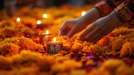 A hand arranging candles among vibrant marigold flowers for a festive celebration.