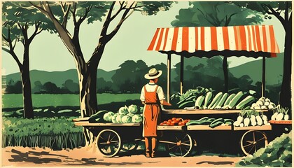 Rustic vegetable stand at farmers market showcasing healthy organic food in a vintage monochrome illustration style