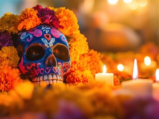 Wall Mural - A colorful skull adorned with flowers, candles, and vibrant decorations for a cultural celebration.