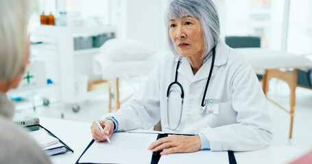 Poster - Mature woman, doctor and writing with consultation for checkup, prescription or diagnosis at hospital. Female person, surgeon or medical employee taking notes with senior client for health insurance