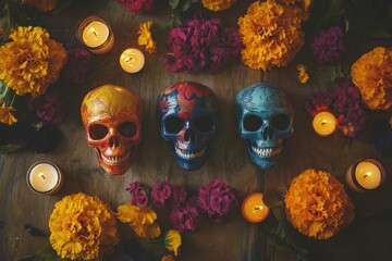 Wall Mural - Colorful skulls surrounded by marigolds and candles, symbolizing D?a de los Muertos.