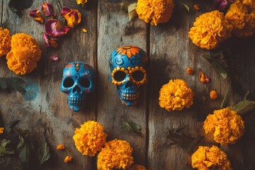 Wall Mural - Colorful sugar skulls surrounded by marigold flowers on a rustic wooden table.