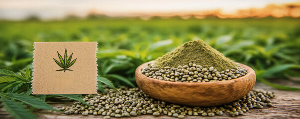 Wall Mural - A bowl of green powder next to a marijuana leaf