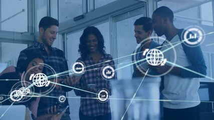 Wall Mural - animation of network of connections with globe icons over diverse business people in office