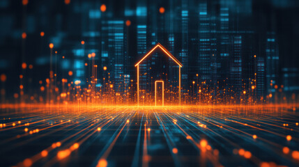 Poster - A house is shown in a cityscape with a lot of lights. The house is orange and has a door. The lights in the background create a sense of depth and movement