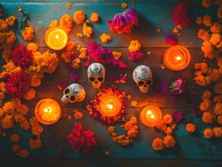 Wall Mural - Colorful Day of the Dead altar with candles, skulls, and marigold flowers.