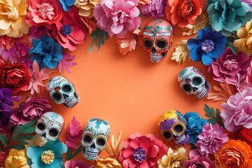 Wall Mural - A vibrant arrangement of decorative skulls surrounded by colorful paper flowers on an orange background.