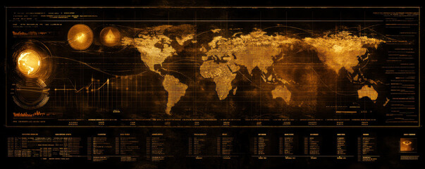 Wall Mural - A map of the world with a lot of numbers and dots. The map is in black and gold