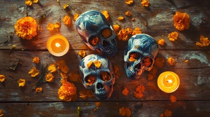 Wall Mural - A vibrant arrangement of decorated skulls, marigolds, and candles for a cultural celebration.