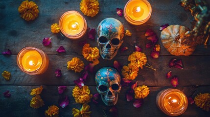 Wall Mural - Colorful skulls and candles surrounded by marigolds, celebrating Day of the Dead.