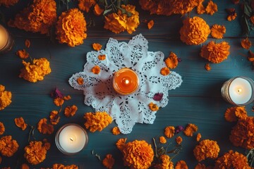 Wall Mural - A decorative arrangement featuring marigold flowers, candles, and lace, evoking a festive atmosphere.