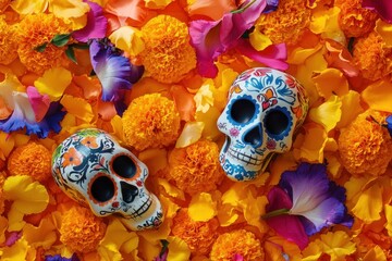 Wall Mural - Colorful decorative skulls surrounded by vibrant flower petals for a festive celebration.