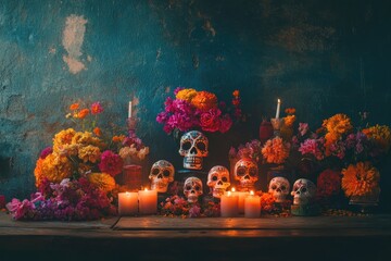 Wall Mural - A vibrant altar adorned with skulls, flowers, and candles, celebrating D?a de los Muertos.