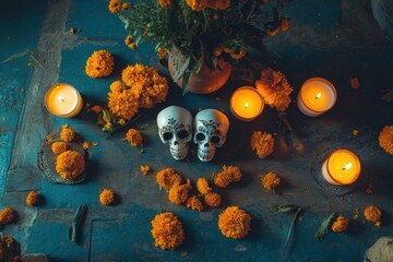 Wall Mural - A vibrant altar scene with skulls, marigolds, and candles, celebrating the Day of the Dead.