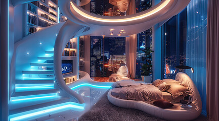 Aufkleber - A futuristic bedroom with a round bed, a double-height ceiling, and stairs leading to the loft area above that has a desk, floating bookshelves, and large windows overlooking city lights at night.