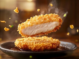 Mouthwatering Tonkatsu Explosion Crispy Breaded Pork Cutlet in Midair