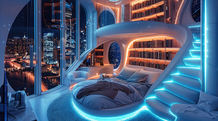 Wall Mural - A futuristic bedroom with a round bed, a double-height ceiling, and stairs leading to the loft area above that has a desk, floating bookshelves, and large windows overlooking city lights at night.