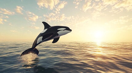 Wall Mural - a killer whale leaps out of the water against a backdrop of a golden sunset.
