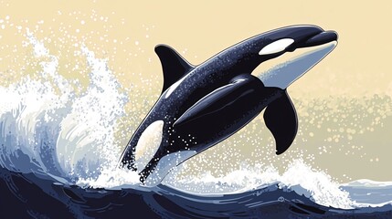 Wall Mural - a black and white orca whale leaping out of the water, creating a splash, against a beige and blue b