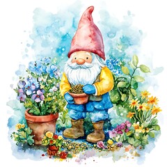 Canvas Print - Watercolor Illustration of a Garden Gnome Holding a Potted Plant.